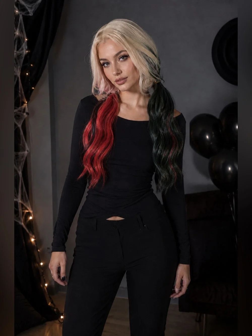 NWT Multicolor Pigtail Cosplay Wig Red Green Blonde + 2 Wig Caps